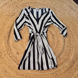 H&M navy & White Striped Wrap Dress with Tie Waist